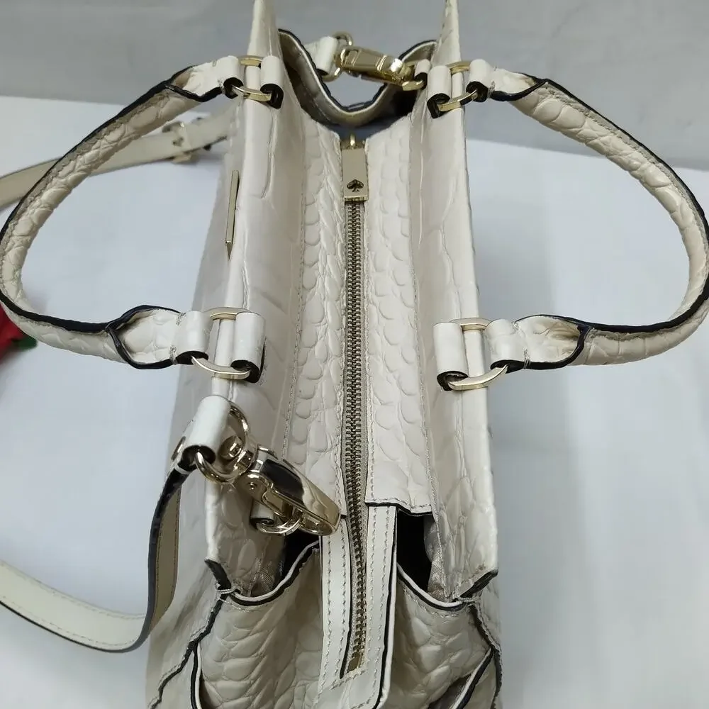 Kate Spade New York Ivory Leather Crocodile Embossed Top Handle Satchel Bag